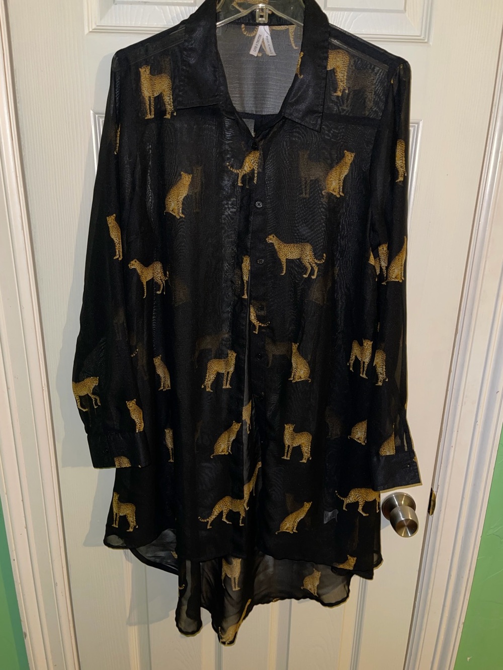 Sheer Black Button-Up Long Shirt With Gold Cheetah Print - XL